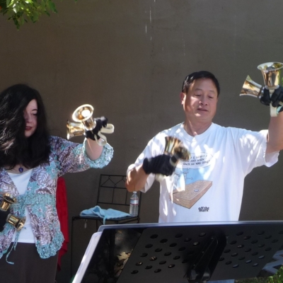 Handbell Duo Larry and Carla perform at the Mtn. View General Store, California
