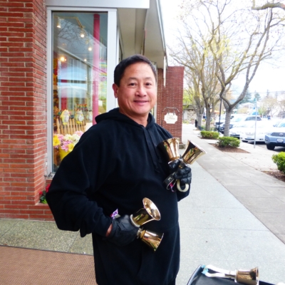 Handbell musician Larry Sue at First Friday, Los Altos, CA