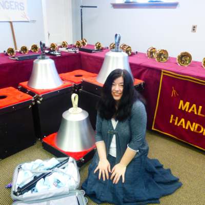 Carla in the bell room at Malmark Bellcraftsmen
