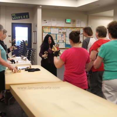 Carla Sue teaches a class on British style 4-in-hand handbells in Ashland, Oregon