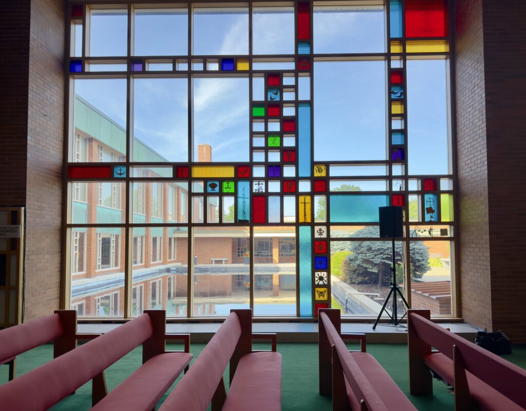 Midland First UMC Chapel stained glass windows and reflecting pool